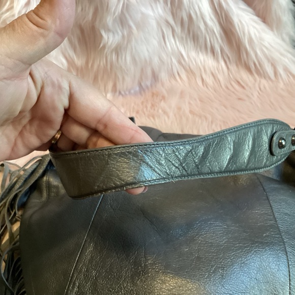 Sharif Gray Leather Hobo with Fringe and Studs - Picture 9 of 16